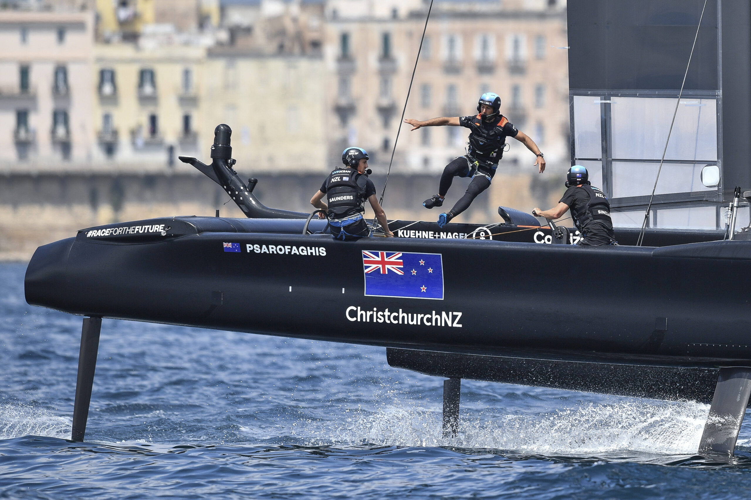 New Zealand SailGP Team helmed by interim skipper Arnaud Psarofaghis in action during racing on race day 2. Italy SailGP, Event 2, Season 2 in Taranto, Italy. 06 June 2021. Photo: Ricardo Pinto for SailGP. Handout image supplied by SailGP