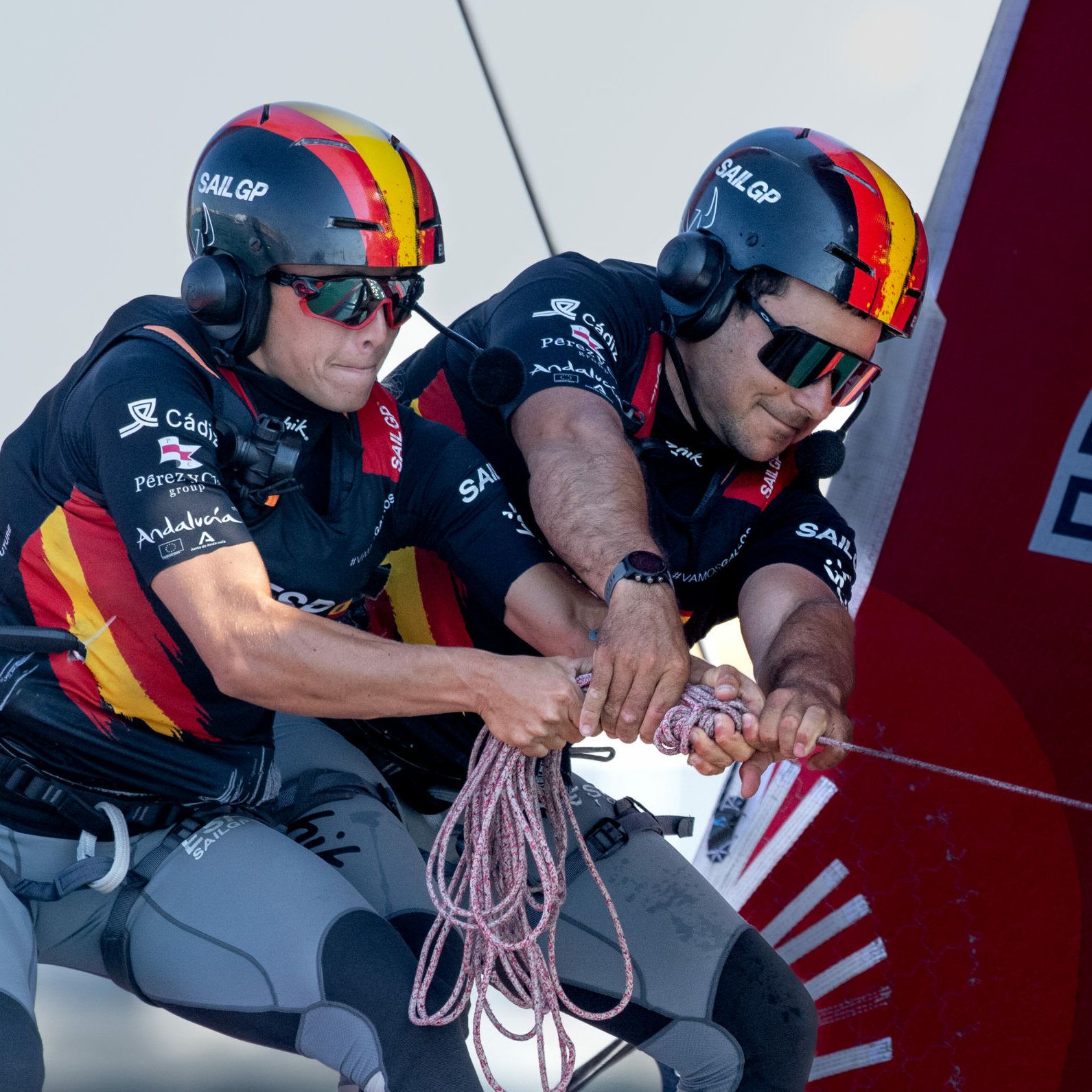 Nicole van der Velden, strategist of Spain SailGP Team and Bernardo Freitas, grinder of Spain SailGP Team in action on Race Day 1 of the Mubadala Abu Dhabi Sail Grand Prix presented by Abu Dhabi Sports Council in Abu Dhabi, United Arab Emirates. 13th January 2024. Photo: Ricardo Pinto for SailGP. Handout image supplied by SailGP