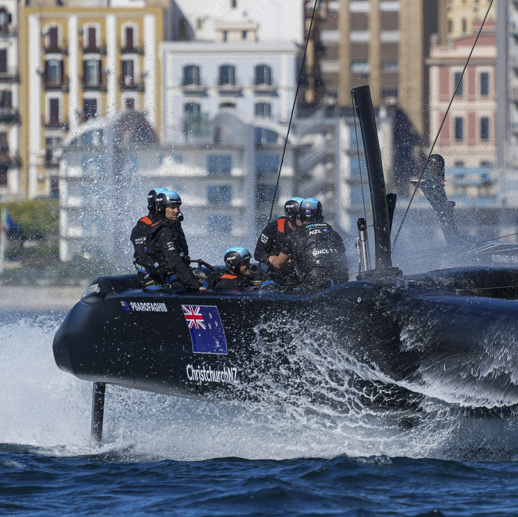 New Zealand SailGP Team helmed by interim skipper Arnaud Psarofaghis in action during a practice session ahead of Italy SailGP, Event 2, Season 2 in Taranto, Italy. 01 June 2021. Photo: Bob Martin for SailGP. Handout image supplied by SailGP