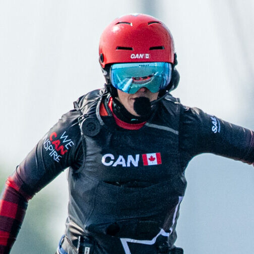 Isabella Bertold, strategist of Canada SailGP Team, runs across the boat on Race Day 1 of the Rolex United States Sail Grand Prix | Chicago at Navy Pier, Season 4, in Chicago, Illinois, USA. 16th June 2023. Photo: Ricardo Pinto for SailGP. Handout image supplied by SailGP