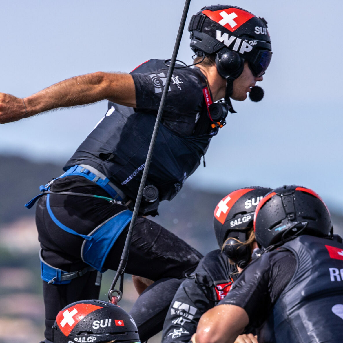 Sebastien Schneiter, driver of Switzerland SailGP Team, runs across the boat during a practice session ahead of the Range Rover France Sail Grand Prix in Saint Tropez, France. 8th September 2022. Photo: David Gray for SailGP. Handout image supplied by SailGP