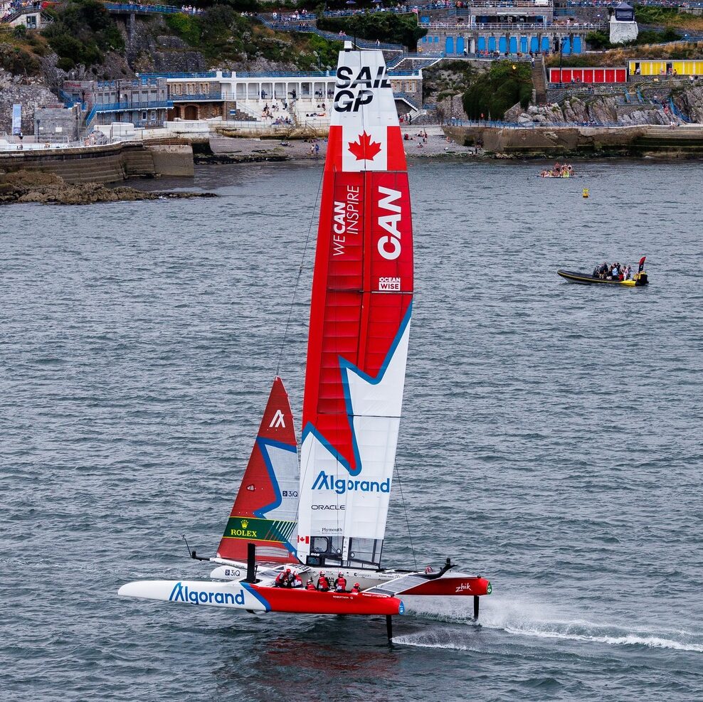 Canada SailGP Team helmed by Phil Robertson in action on Race Day 1 of the Great Britain Sail Grand Prix | Plymouth in Plymouth, England. 30th July 2022. Photo: David Gray for SailGP. Handout image supplied by SailGP