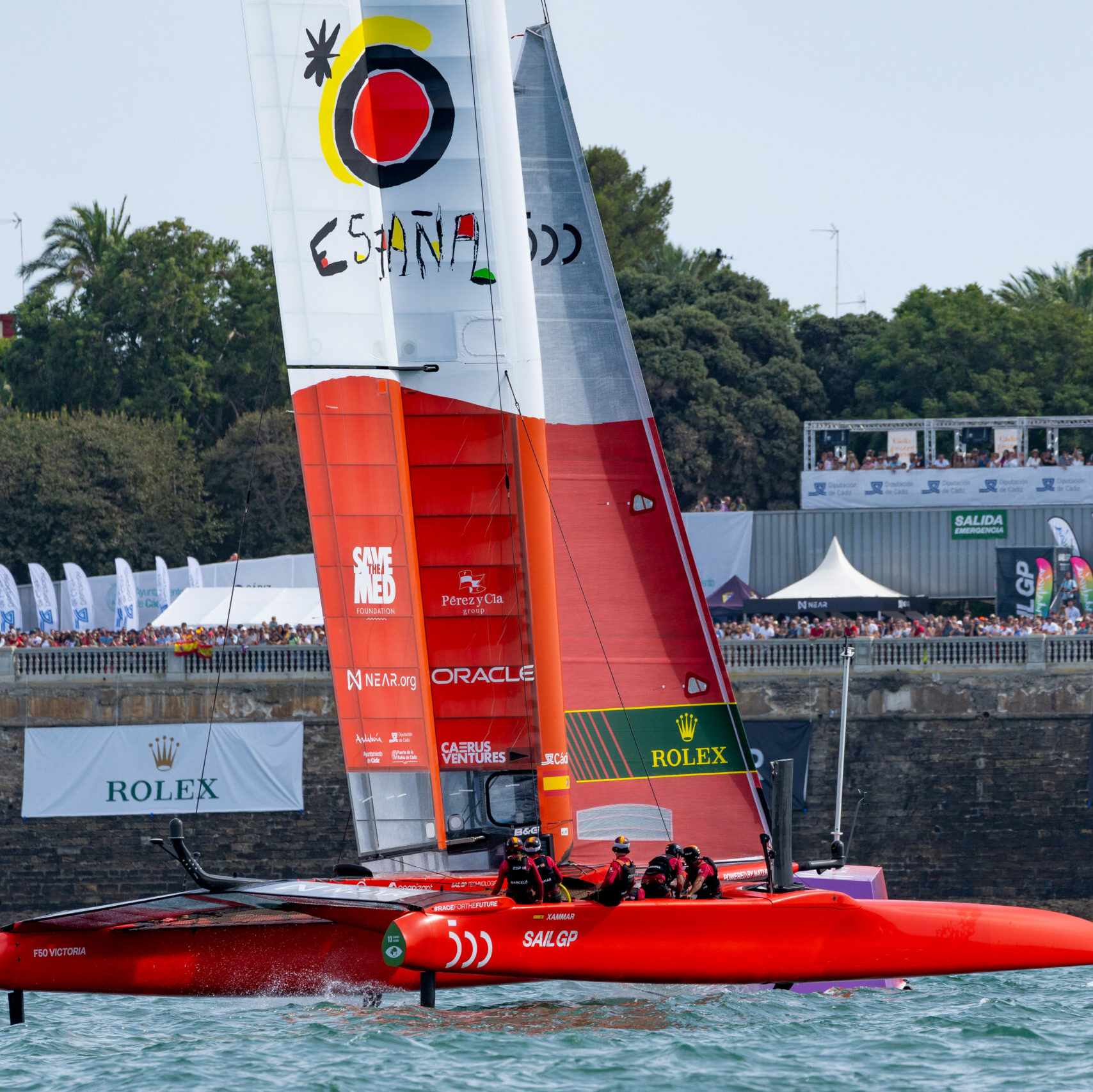 Spain SailGP Team helmed by Jordi Xammar on Race Day 2 of the Spain Sail Grand Prix in Cadiz, Andalusia, Spain. 25th September 2022. Photo: Bob Martin for SailGP. Handout image supplied by SailGP