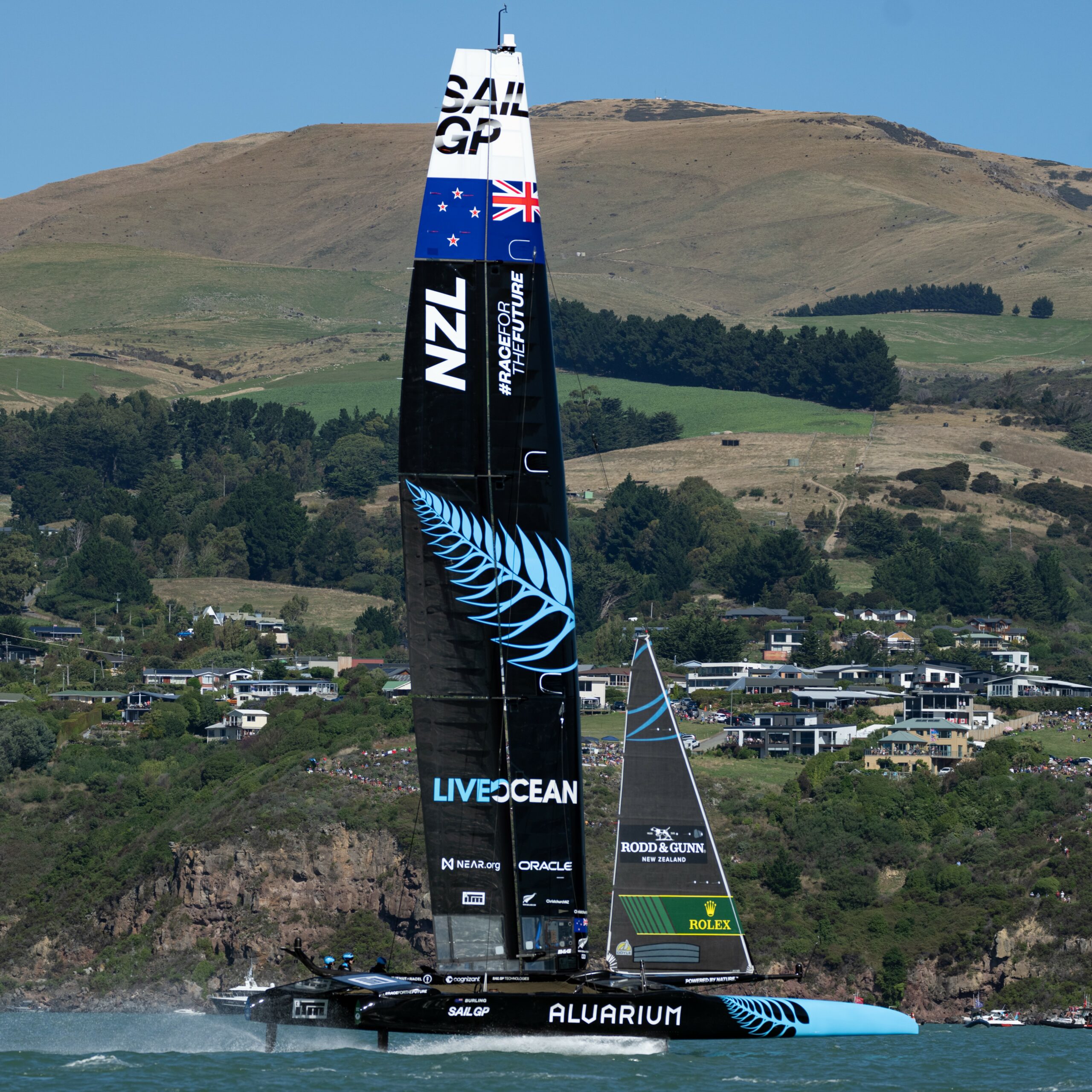 New Zealand SailGP Team helmed by Peter Burling in action on Race Day 2 of the ITM New Zealand Sail Grand Prix in Christchurch, New Zealand. Sunday 19th March 2023. Photo: Bob Martin for SailGP. Handout image supplied by SailGP