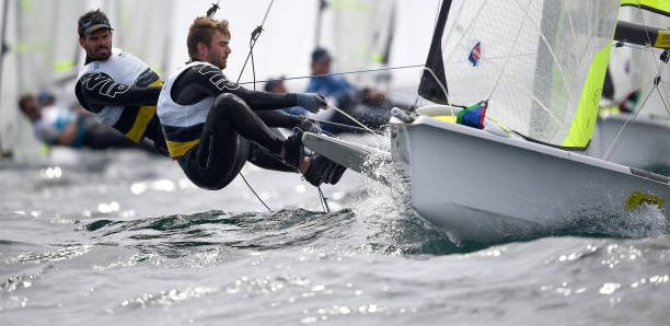 WEYMOUTH, ENGLAND - MAY 16: Yannick Lefebvre and Tom Pelsmaekers of Belgium in action during a 49er class race on May 16, 2019 in Weymouth, England. (Photo by Clive Mason/Getty Images)