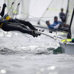 WEYMOUTH, ENGLAND - MAY 16: Yannick Lefebvre and Tom Pelsmaekers of Belgium in action during a 49er class race on May 16, 2019 in Weymouth, England. (Photo by Clive Mason/Getty Images)