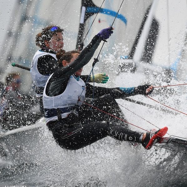 WEYMOUTH, ENGLAND - MAY 16: Lili Sebesi and Albane Dubois of France in action at the finish of a 49erFX class race on May 16, 2019 in Weymouth, England. (Photo by Clive Mason/Getty Images)