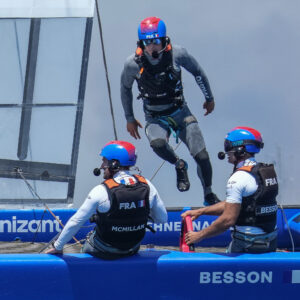 Francois Morvan, flight controller of France SailGP Team, runs across the F50 to sit alongside Billy Besson, helmsman of France SailGP Team, and Leigh McMillan, wing trimmer of France SailGP Team, during a practice session ahead of Italy SailGP, Event 2, Season 2 in Taranto, Italy. 03 June 2021. Photo: Bob Martin for SailGP. Handout image supplied by SailGP