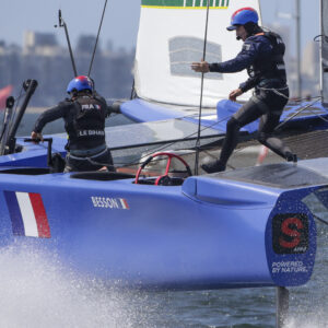 Devan Le Bihan, grinder, and Matthieu Vandame, wing trimmer of France SailGP Team, in action as France SailGP Team warm up before racing on Race Day 2. Sydney SailGP, Event 1 Season 2 in Sydney Harbour, Sydney, Australia. 29 February 2020. Photo: Eloi Stichelbaut for SailGP. Handout image supplied by SailGP