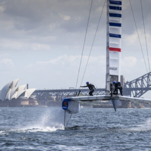France SailGP Team helmed by Billy Besson sail toward Sydney Opera House during a practice session ahead of Sydney SailGP, Event 1 Season 2 in Sydney Harbour, Sydney, Australia. 24 February 2020. Photo: Eloi Stichelbaut for SailGP. Handout image supplied by SailGP