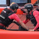Joel Rodriguez, grinder of Spain SailGP Team, and Paula Barcelo of Spain SailGP Team in action on the handles during a practice session ahead of Bermuda SailGP presented by Hamilton Princess, Season 3, in Bermuda. 13th May 2022. Photo: Ricardo Pinto for SailGP. Handout image supplied by SailGP